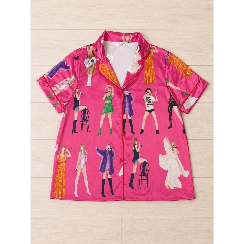 SHESHOW Pink Satin PJ's Women's Medium Taylor Inspired Button Up & Shorts NWT